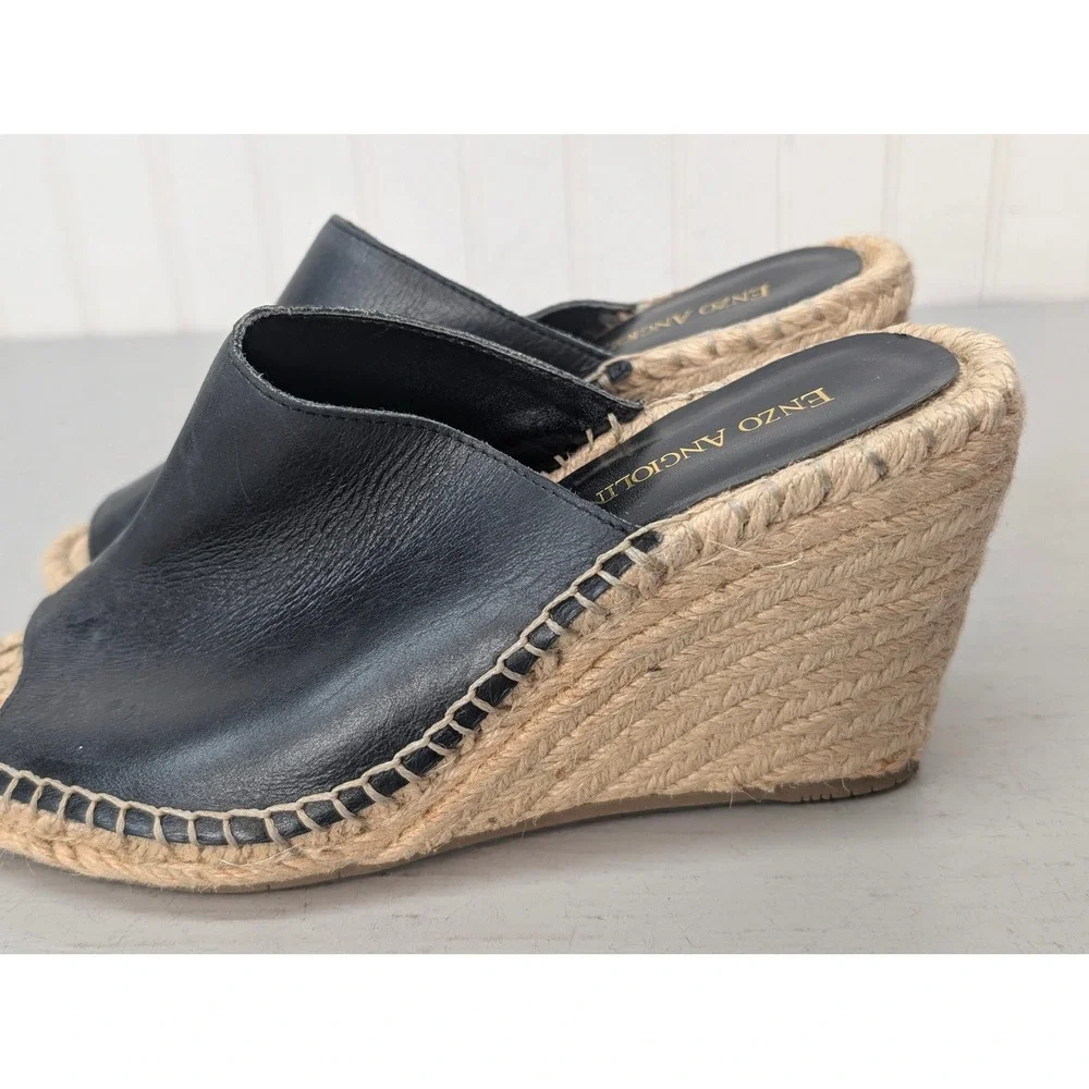 Enzo Angiolini‎ Espadrille Wedge Sandals Open Toe Mules Black Leather Women's 7M